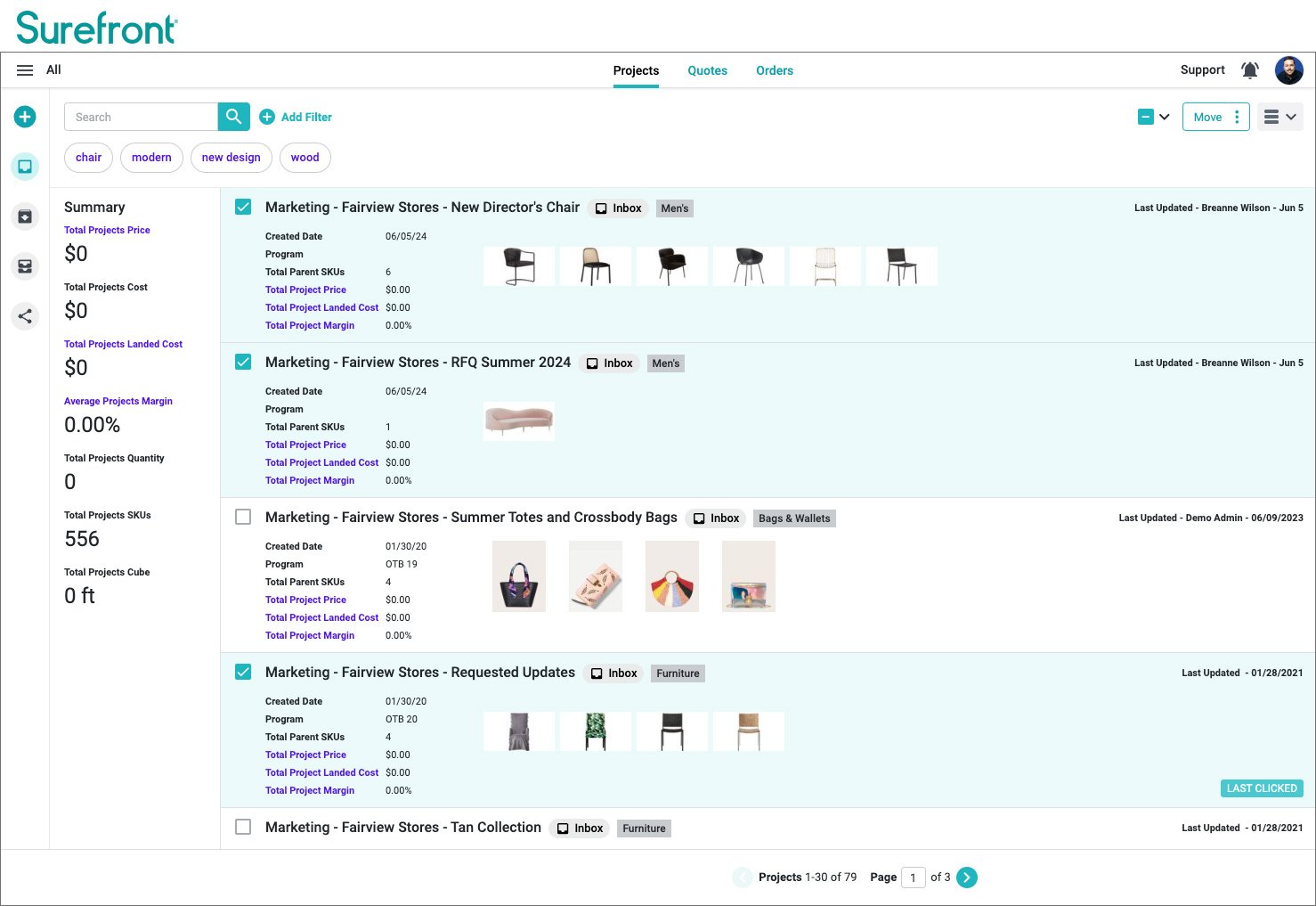 Surefront Line Sheet for the furniture industry